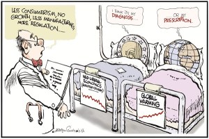 Le médecin : "Moins de consumérisme, pas de croissance, moins d'industrie, plus de régulation". L'Euro répond "Je pense que c'est mon diagnostic" et la Terre "... ou mon remède".